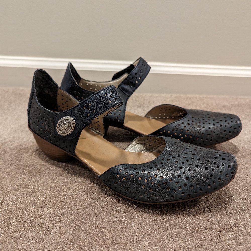 Rieker Navy Blue Floral Ankle Strap Shoes Size 41 (US 9.5-10)